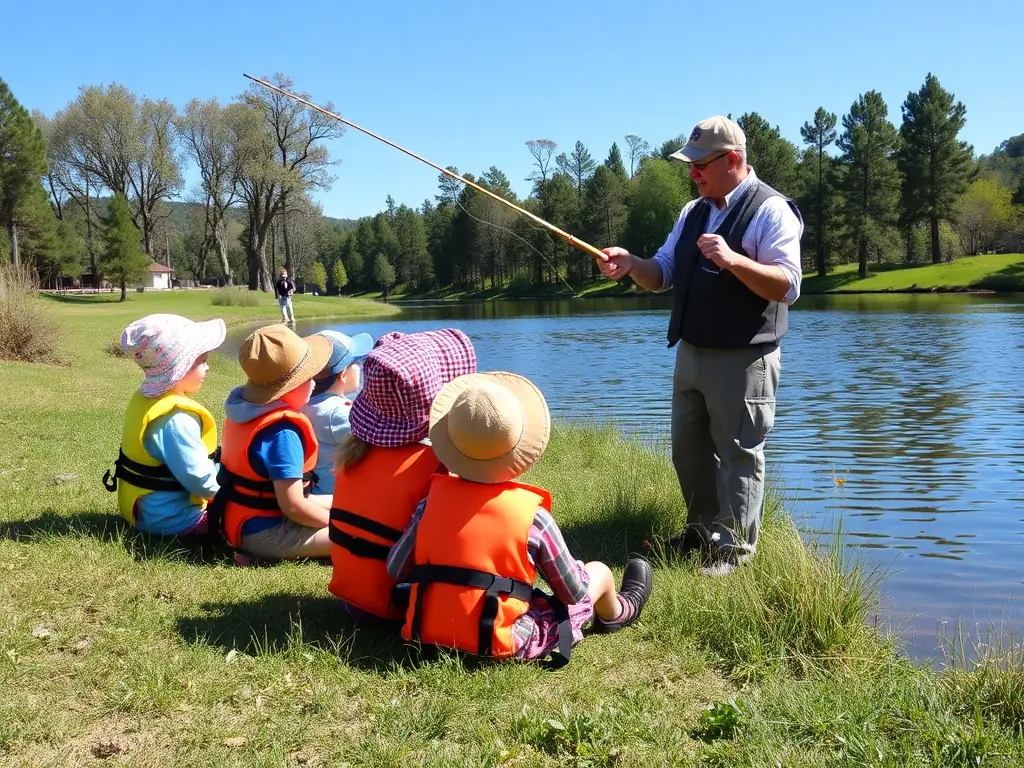 A group of children learning to fish at a summer camp, with instructors showing them how to cast their lines and identify different types of fish.