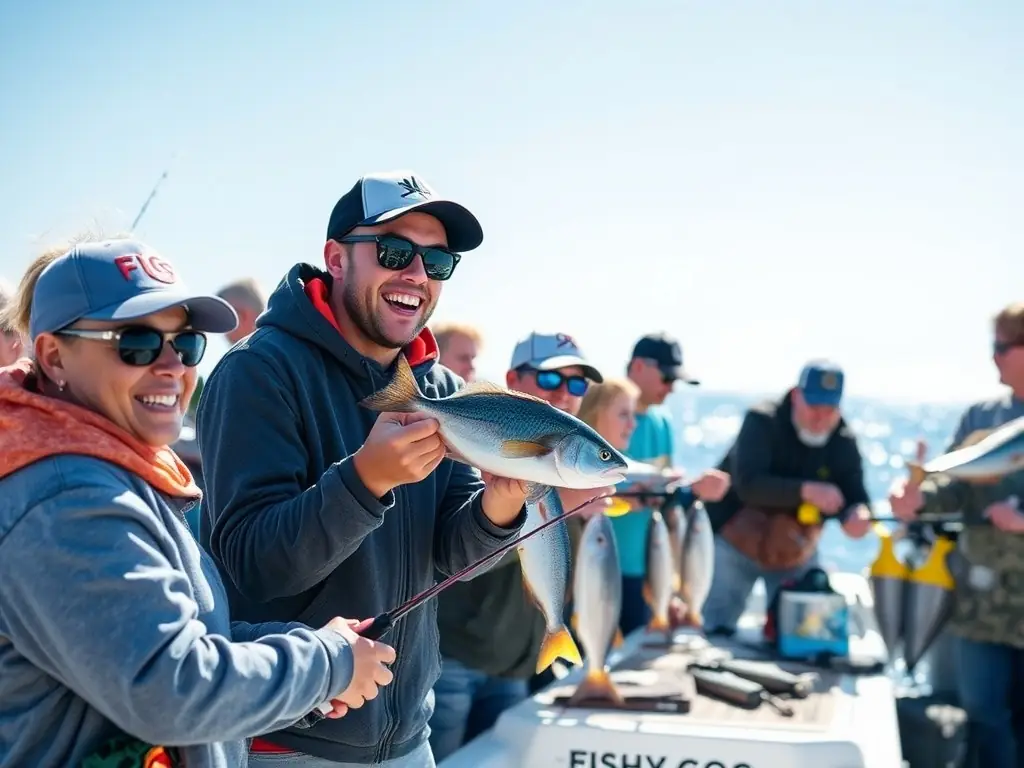 A group of diverse individuals, including people with disabilities, participating in a fishing activity on a sunny day, showcasing inclusivity and community engagement.