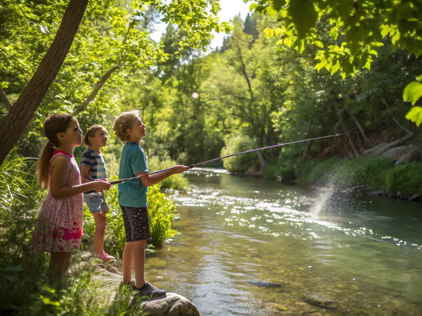 A group of young people learning about responsible fishing practices and aquatic conservation in a PECHE PLAISIR youth program.