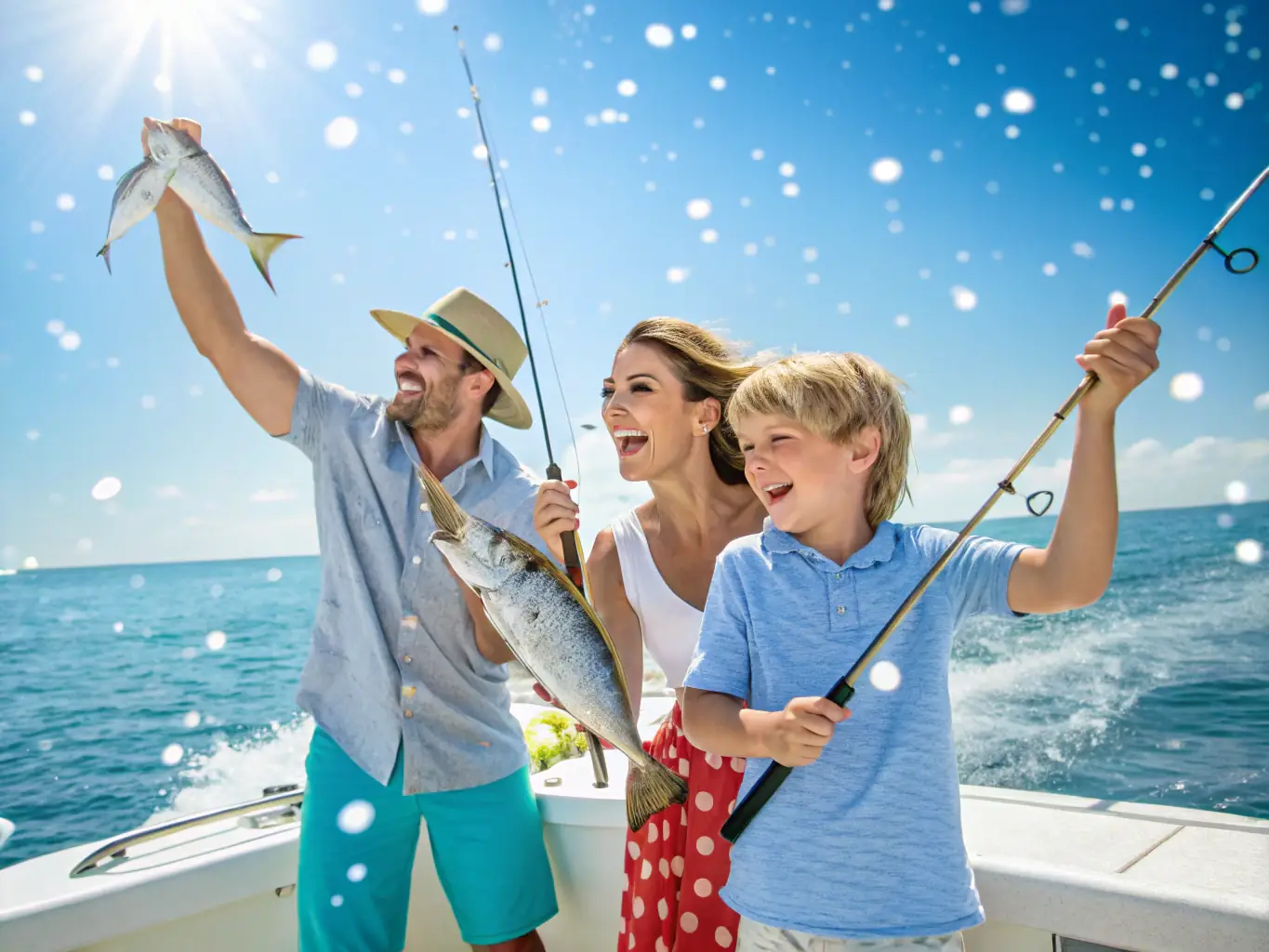 A family participating in a fishing event at a local lake, with parents helping their children reel in their catches and enjoying quality time together.